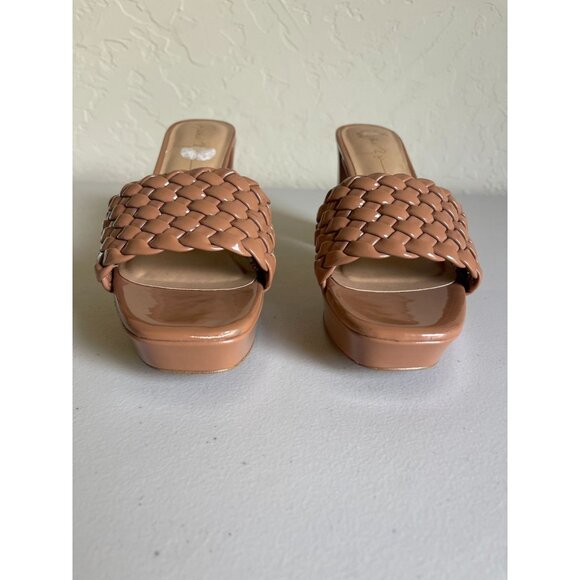 Rachel Zoe Gabrielle Light Brown Woven Patent Platform Shoes 4" Block Retro Mod - Picture 7 of 9